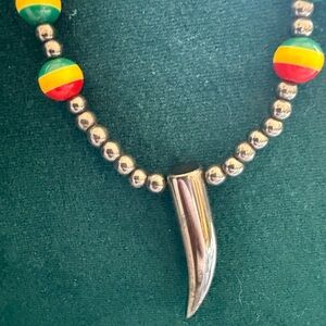 Vintage Hematite Beaded Necklace with Horn Pendant – Rasta Boho Style